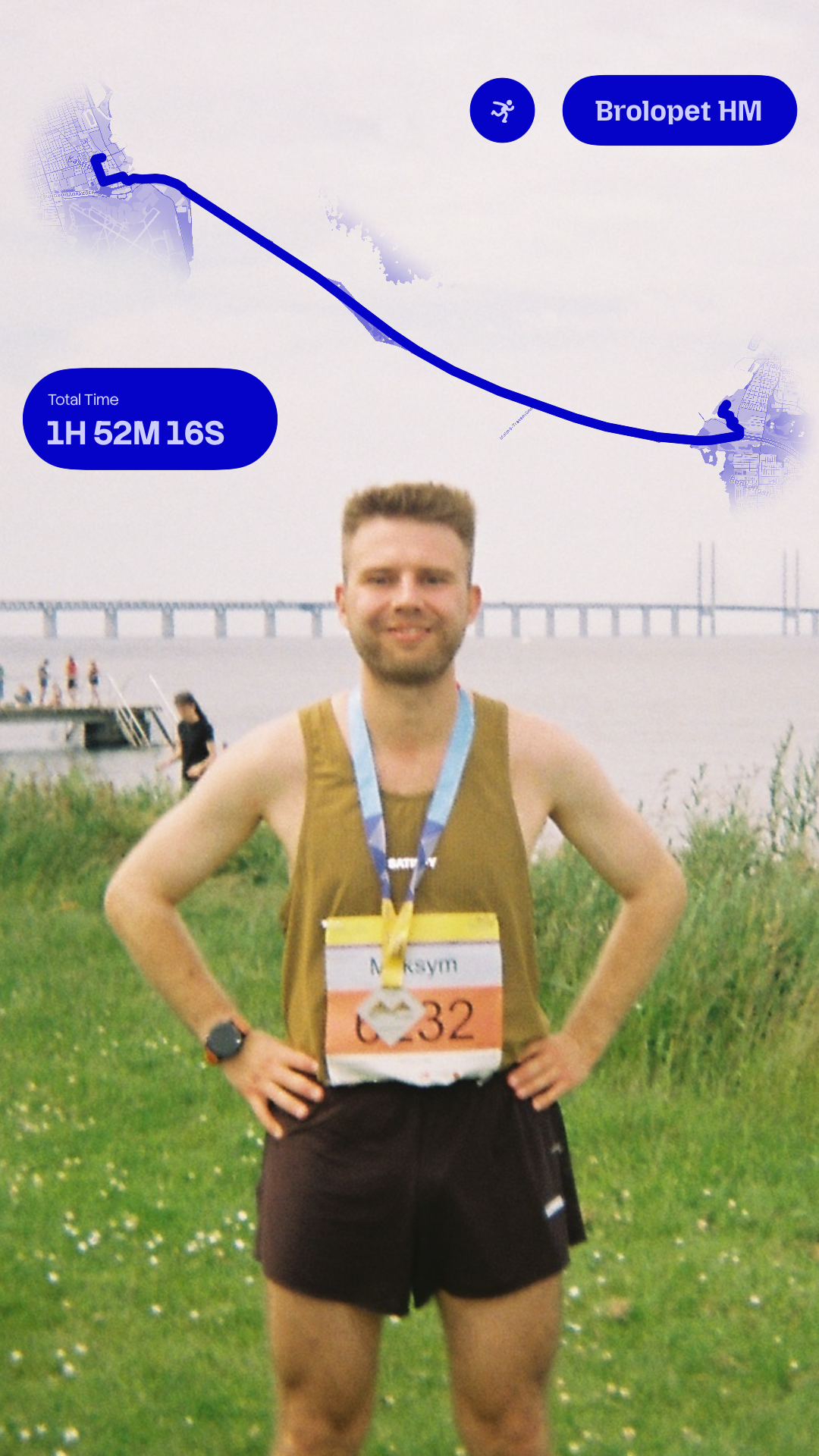 Athlay sticker over a finish-line photo by the &Oslash;resund Bridge: Brolopet HM, total time 1h 52m 16s